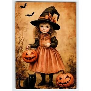 Vintage Halloween Postcard Cute Girl Witch with Jack-o'-Lanterns & Cat